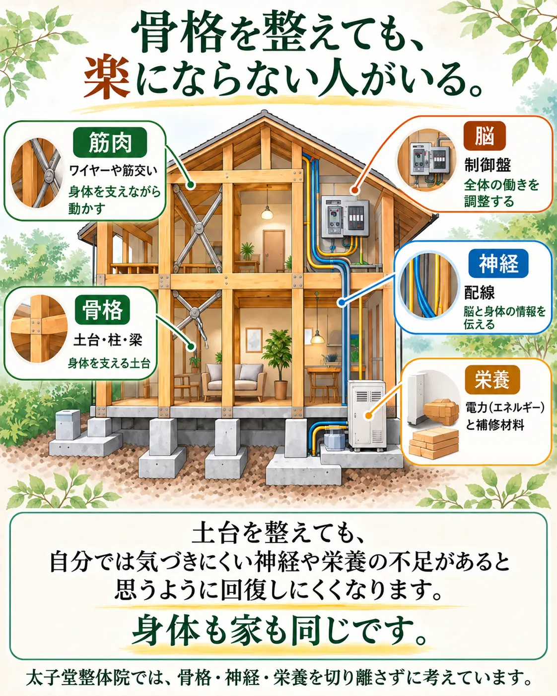 骨格・筋肉・神経・脳・栄養を木の家に例えた身体の仕組みの図解