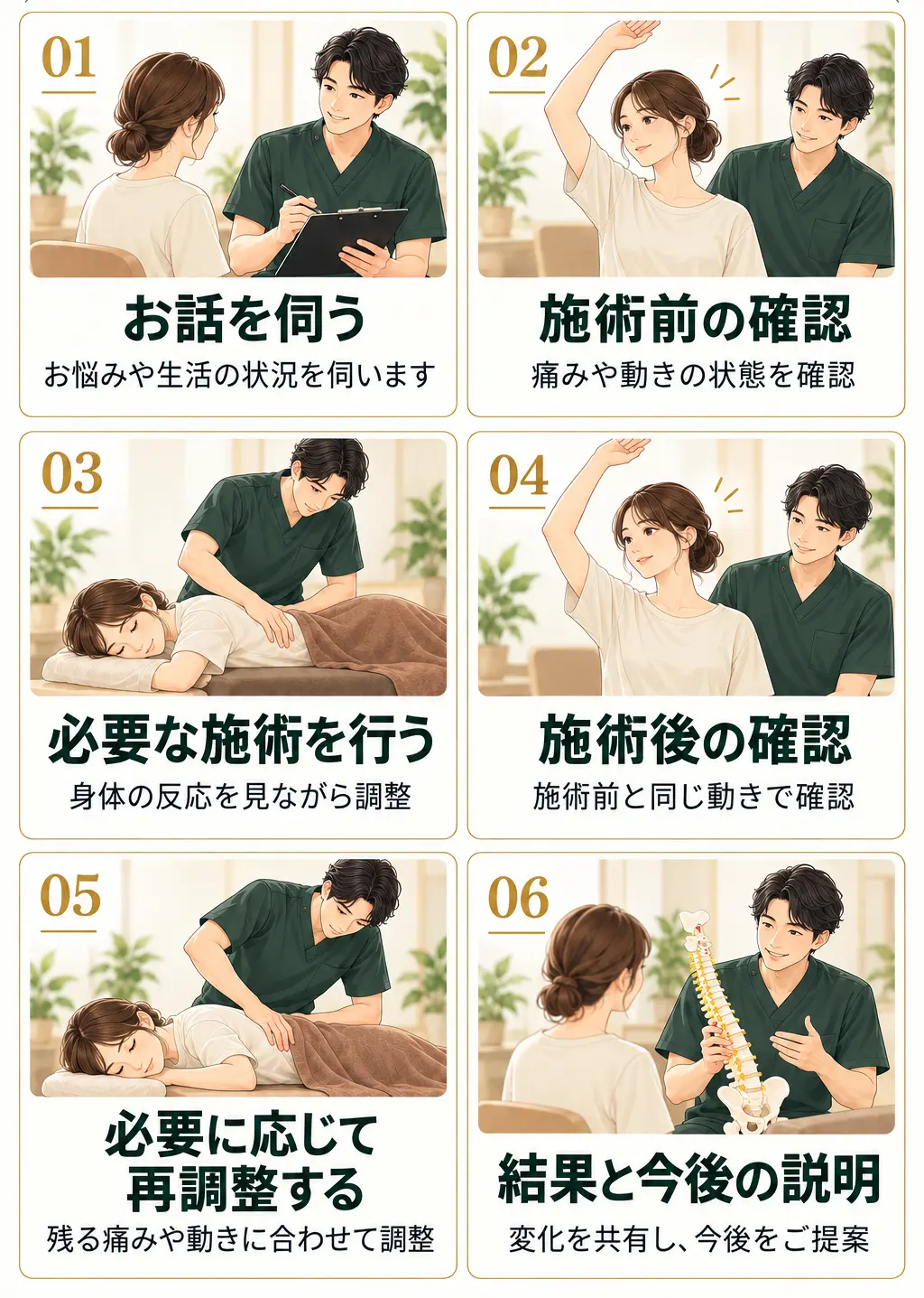 初回施術の流れ。お話を伺う、施術前の確認、必要な施術を行う、施術後の確認、必要に応じて再調整する、結果と今後の説明。2列3段のイラスト。